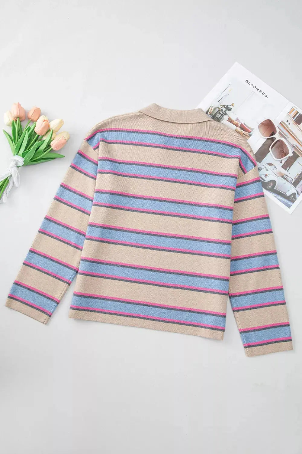 Striped Color Block Johnny Collar Sweater Simply Love