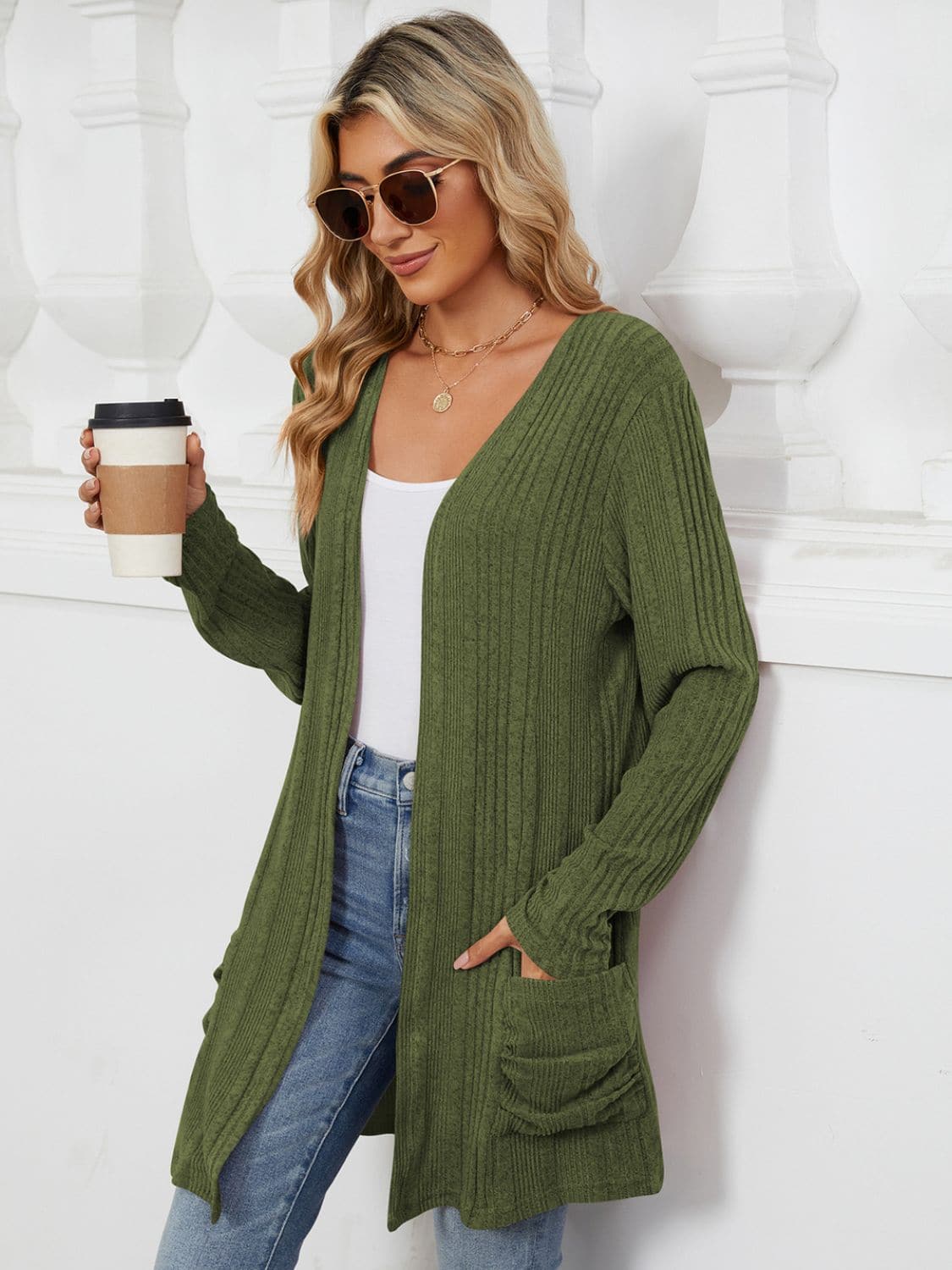 Pocketed Open Front Long Sleeve Cardigan.