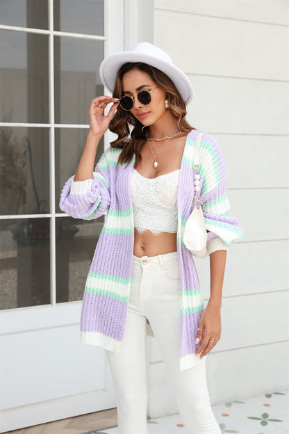 Color Block Ribbed Dropped Shoulder Open Front Cardigan.