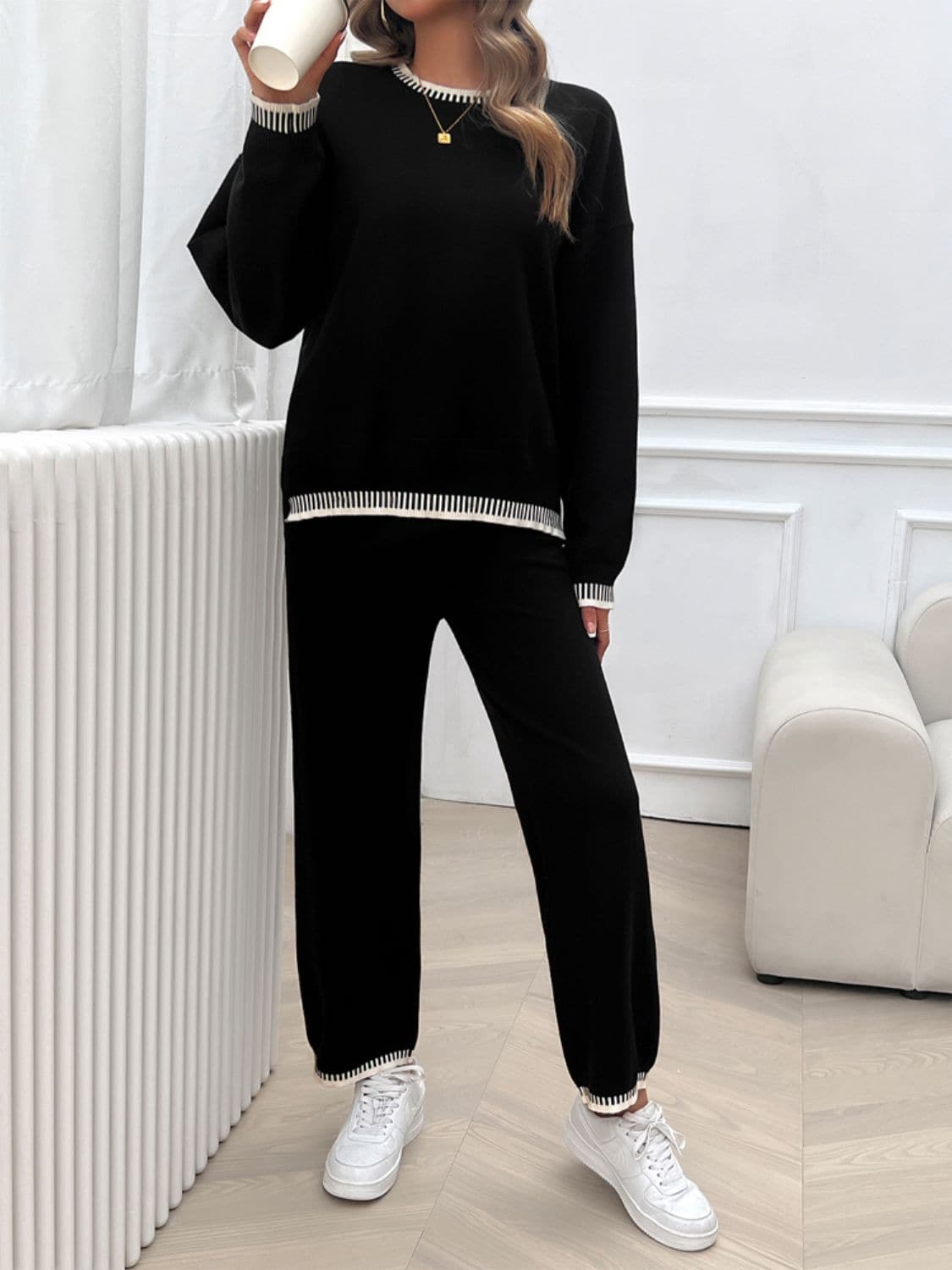 Round Neck Dropped Shoulder Top and Pants Sweater Set.