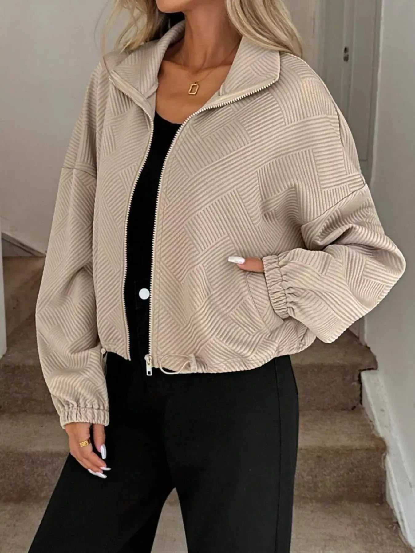 Textured Zip-Up Drawstring Hem Jacket Simply Love