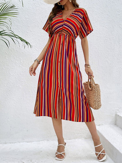 Slit Striped V-Neck Short Sleeve Midi Dress.