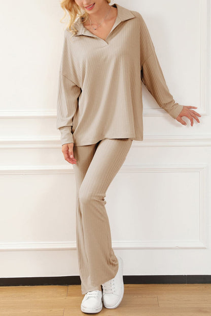 Collared Neck Drop Shoulder Top and Pants Set.