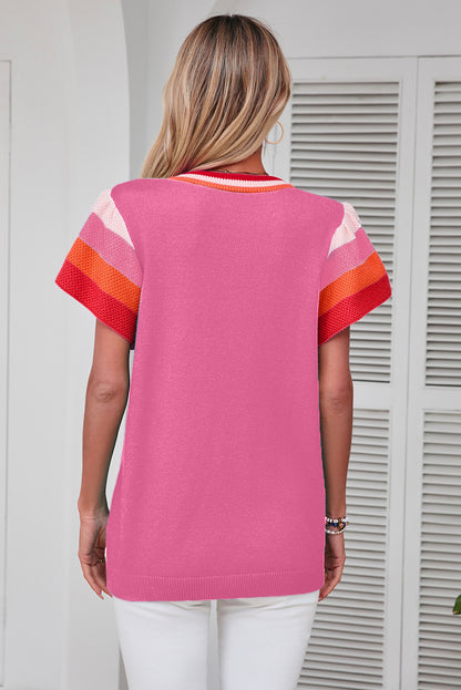 Chic bright pink knitted t-shirt with flutter sleeves