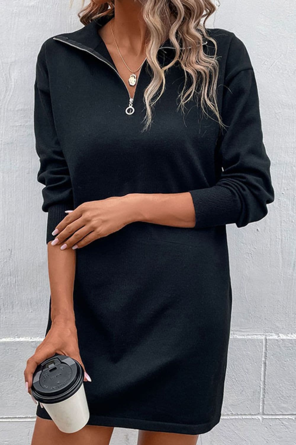 Quarter-Zip Dropped Shoulder Knit Dress.