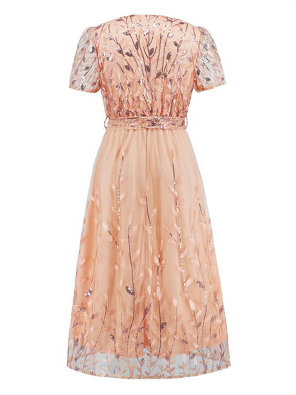 Sequin Leaf Embroidery Tie Front Short Sleeve Dress.