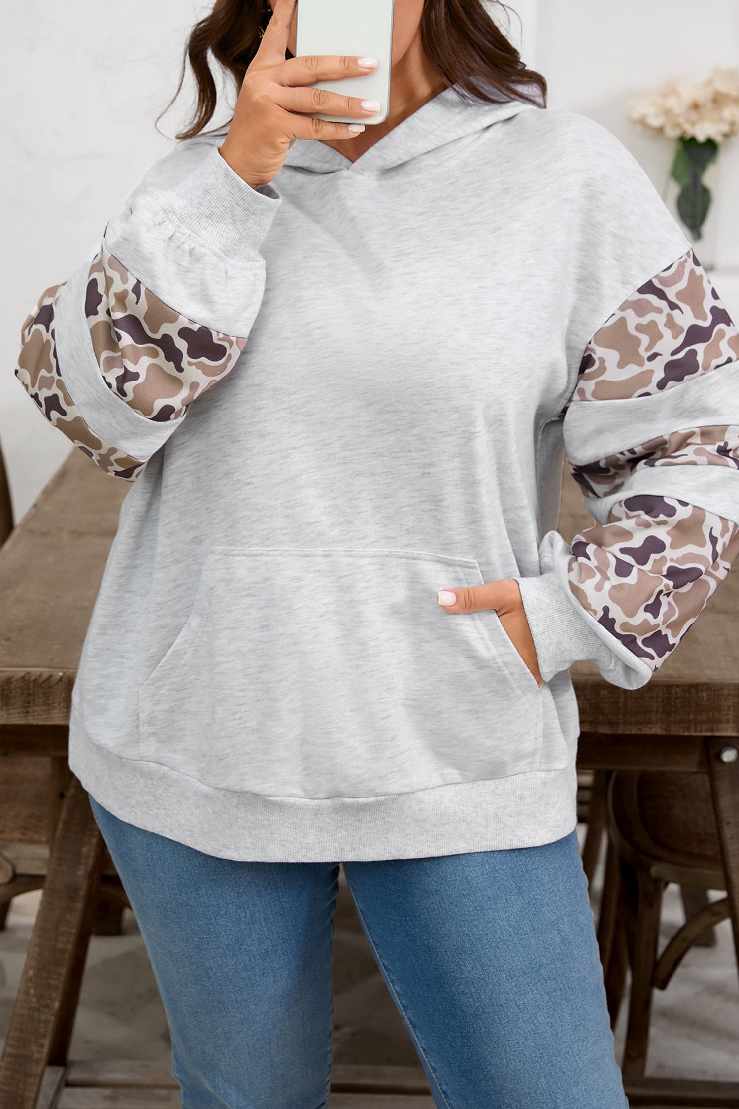 Dear-Lover Grey Camo Patchwork Women's Plus Size Hoodie Casual Fall Style Dear-Lover Dropshipping