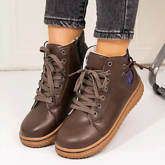 Brown PU Leather Lace Up Ankle Boots With Zipper Detail Simply Love