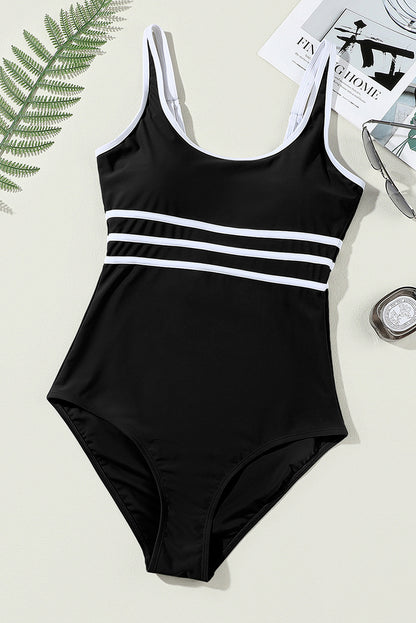 Chic black colorblock U-neck one-piece swimsuit with contrast trim