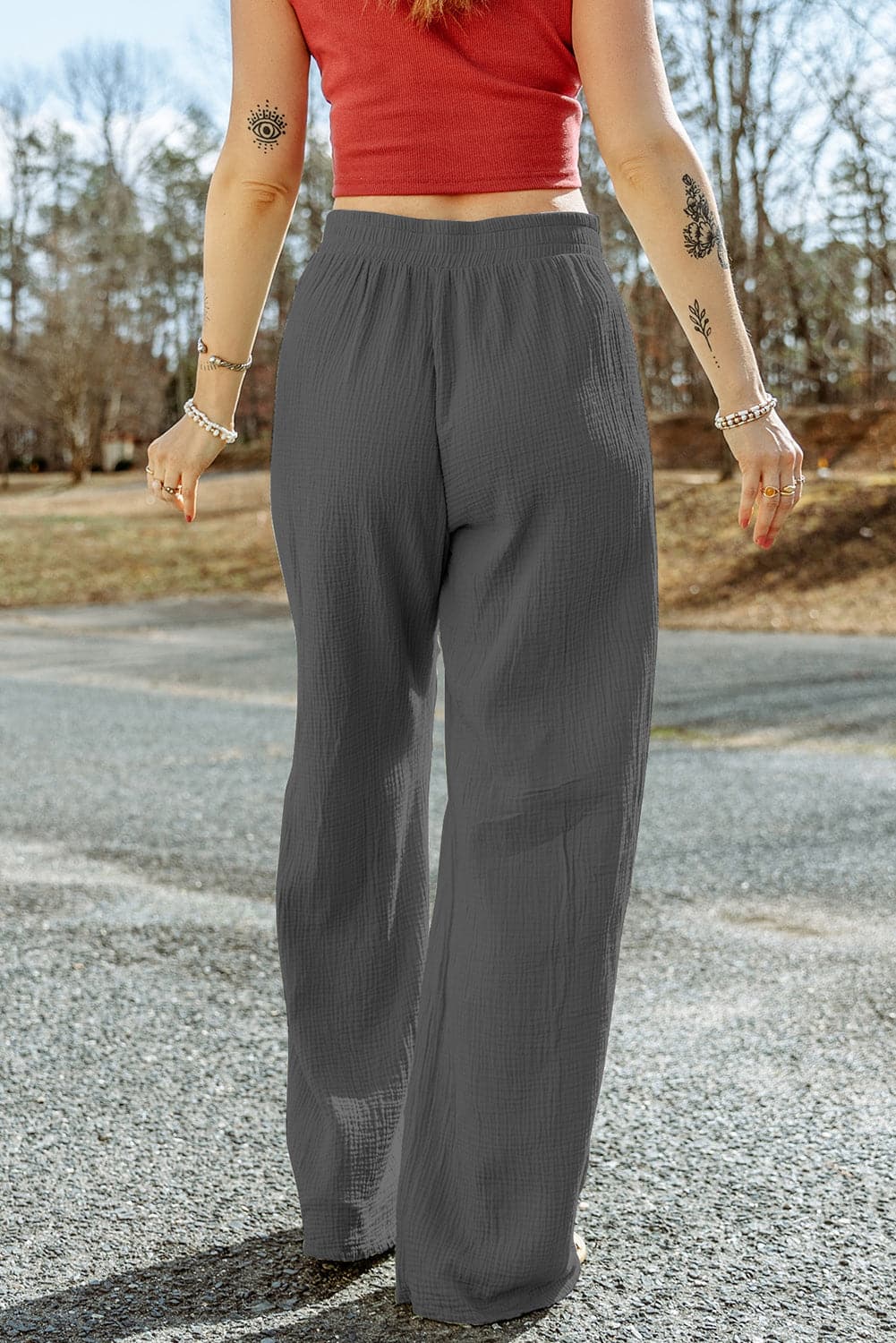 Texture Tied Wide Leg Pants.