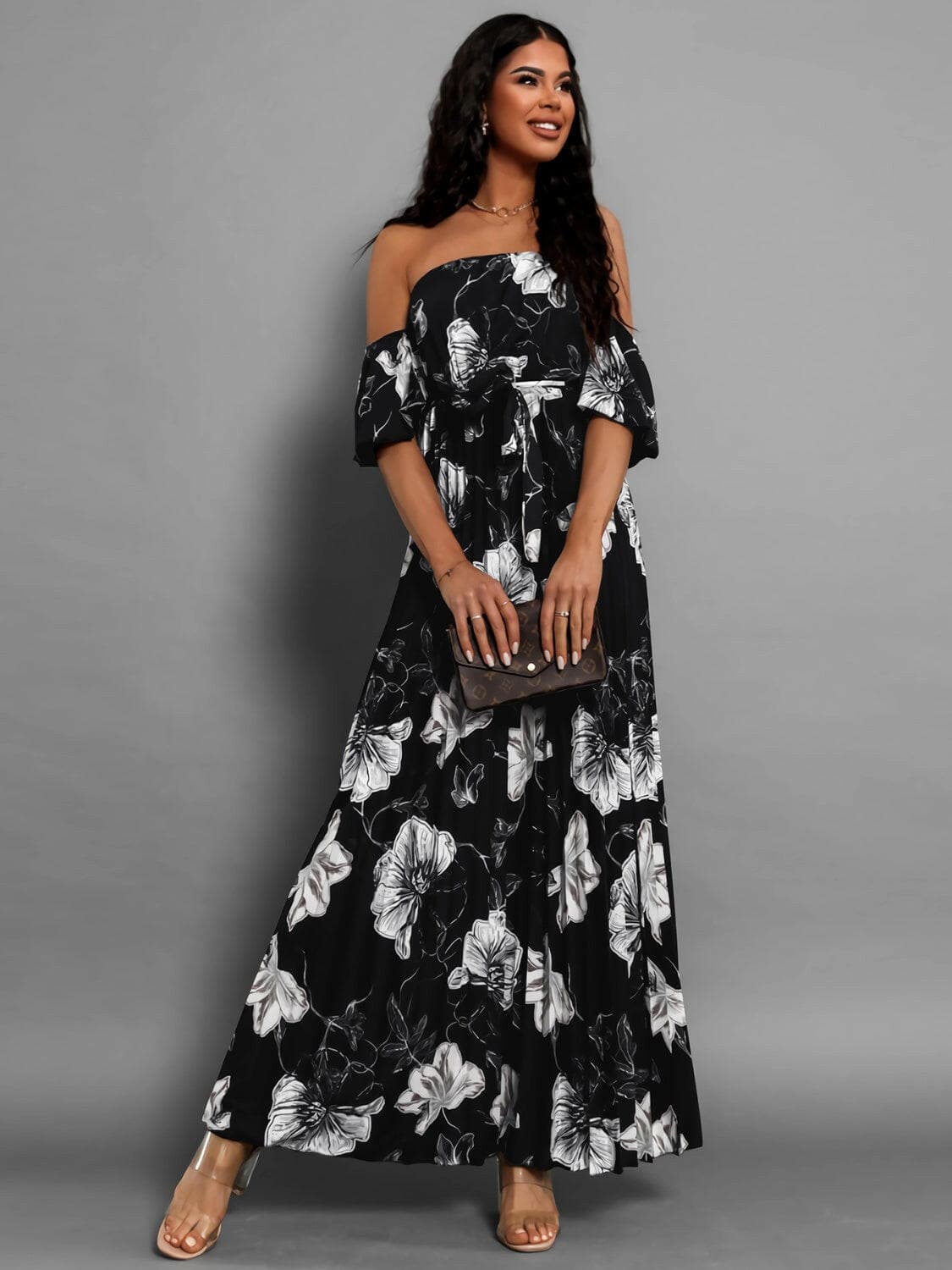 Pleated Floral Off-Shoulder Short Sleeve Midi DressPleated Floral Off-Shoulder Short Sleeve Midi Dress
 Step into elegance with our Pleated Floral Off-Shoulder Short Sleeve Midi Dress. Embrace sophistication effortleLove Salve -Shoulder Short Sleeve Midi Dressjust arrived