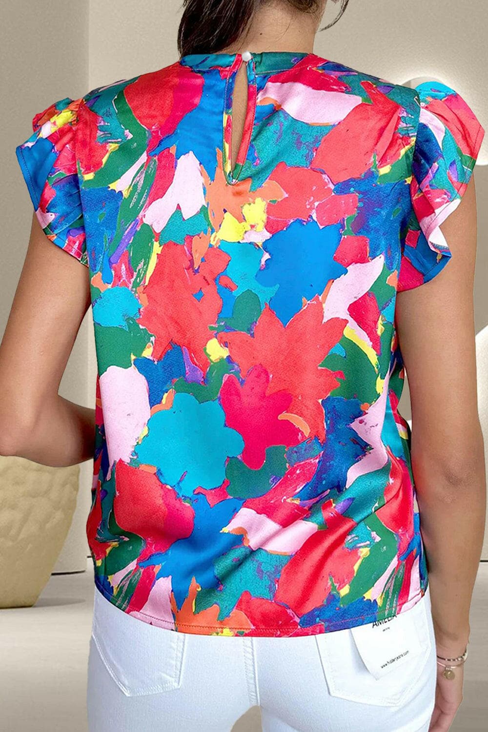 Ruffled Abstract Print Round Neck Cap Sleeve Blouse.