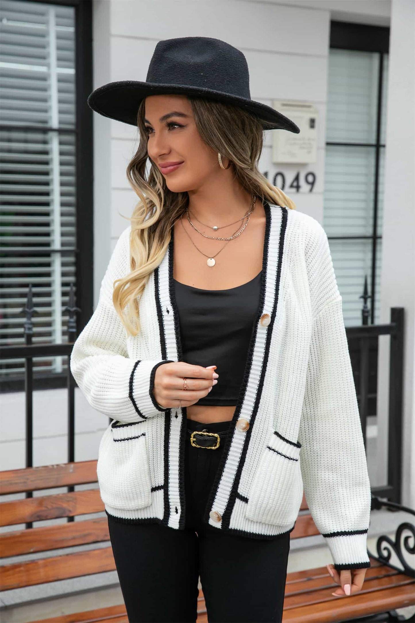 Waffle Knit V-Neck Cardigan with Pocket.