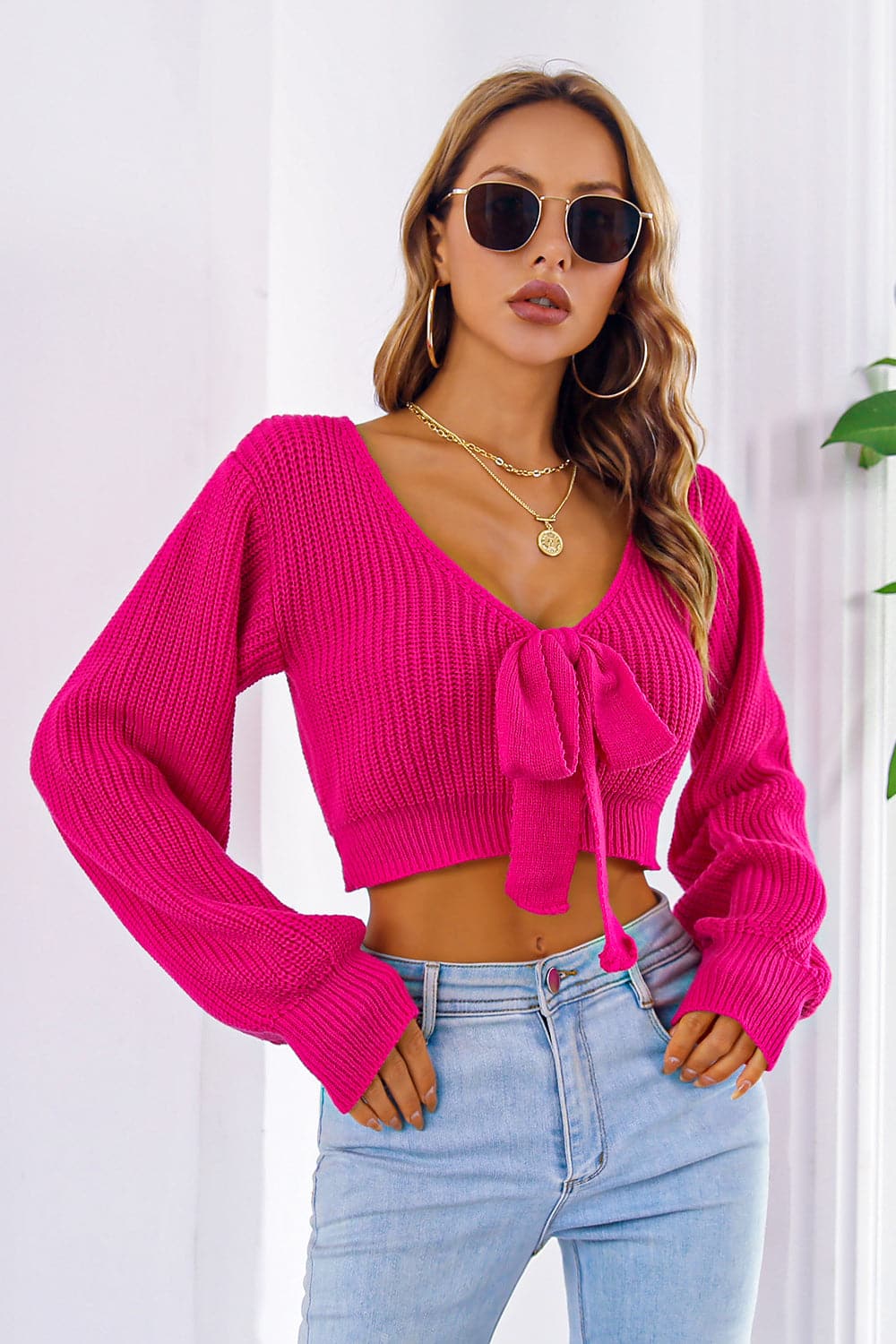 Bow V-Neck Long Sleeve Cropped Sweater.