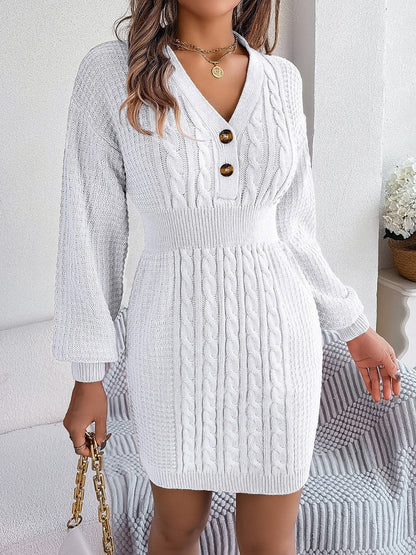 Buttoned Cable-Knit V-Neck Sweater Dress.