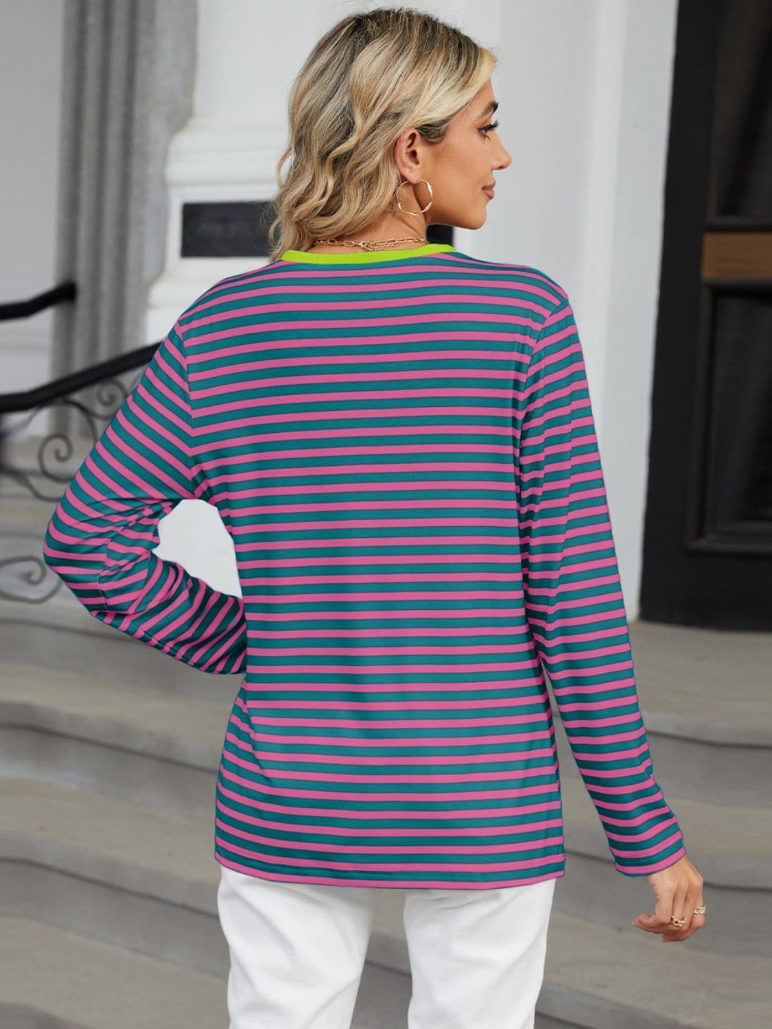 Striped Notched Long Sleeve T-Shirt.