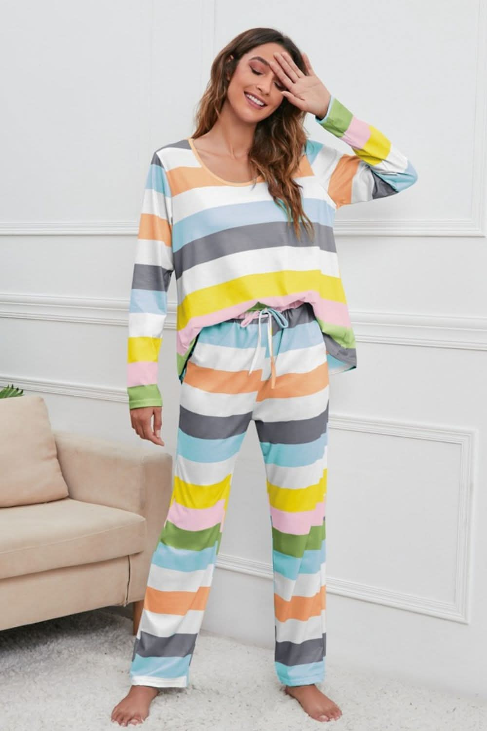 Striped Long Sleeve Lounge Set with Drawstring Pants and Round Neck Top