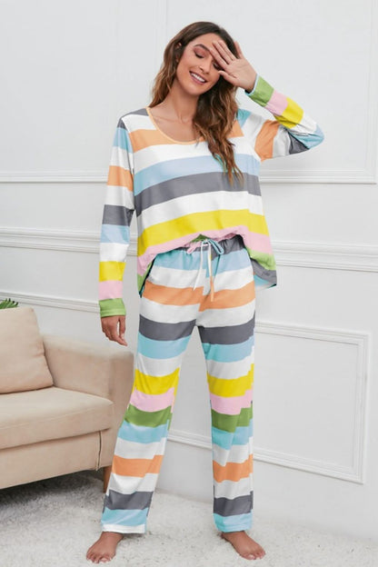 Striped Long Sleeve Lounge Set with Drawstring Pants and Round Neck Top