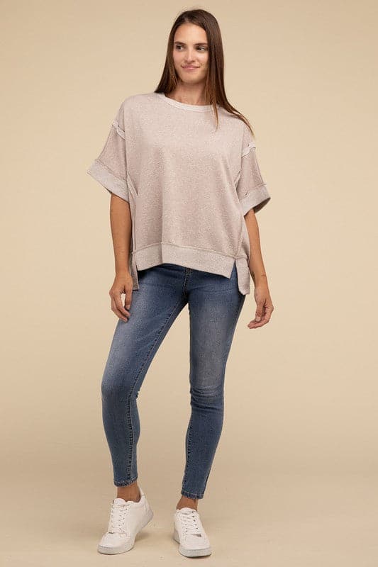 Contrast Trim Top Stitching Drop Shoulder Top.