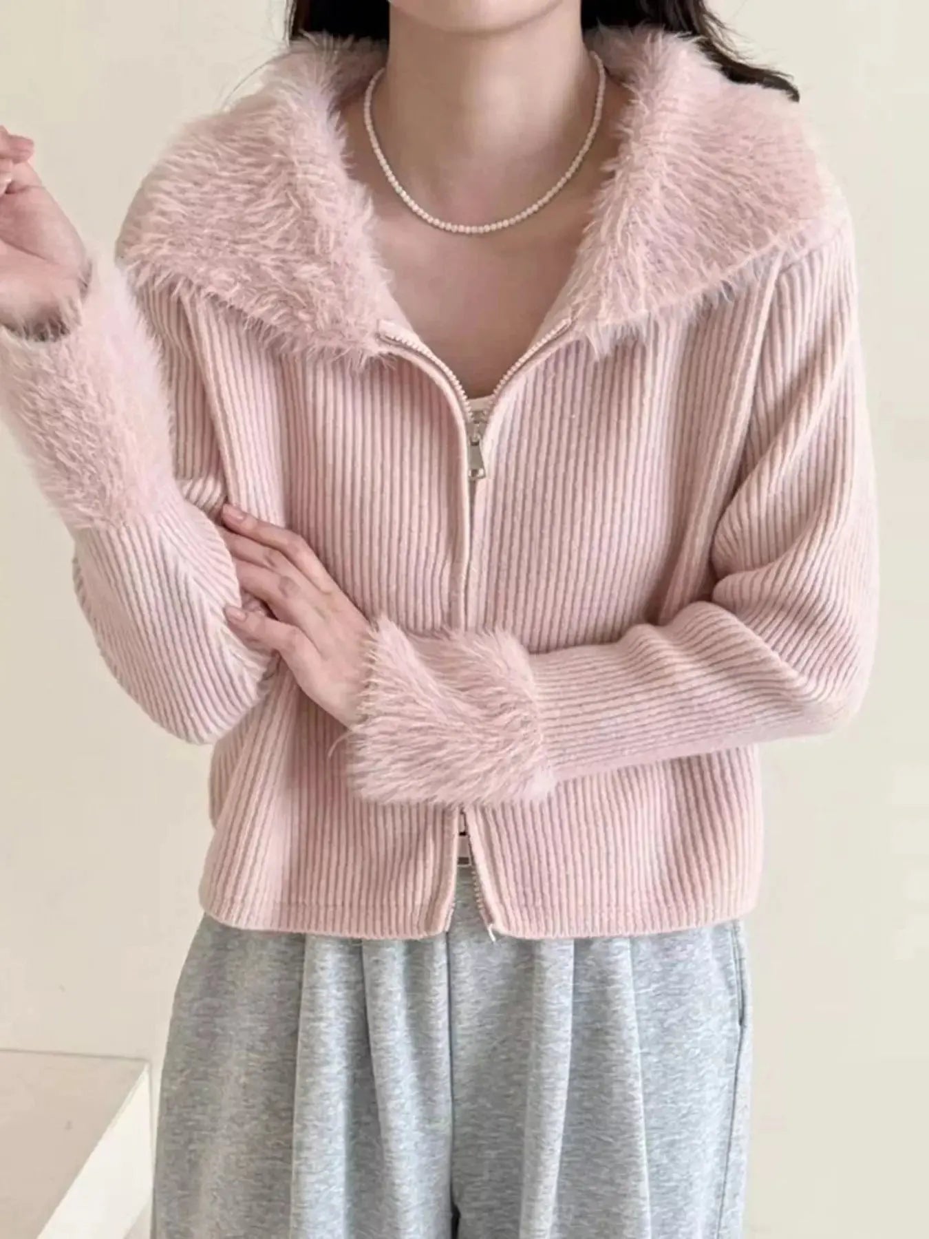 Fluffy Trim Zip-Up Cardigan Simply Love
