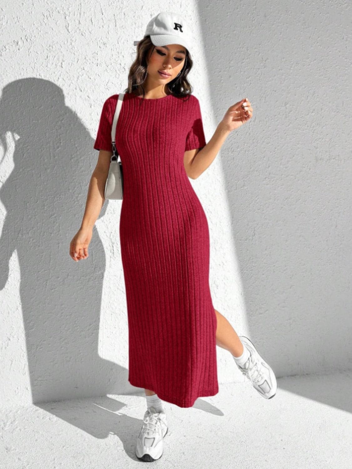 Slit Round Neck Short Sleeve Sweater Dress.