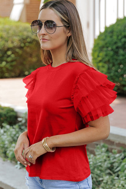 Ruffled Round Neck Short Sleeve Blouse.