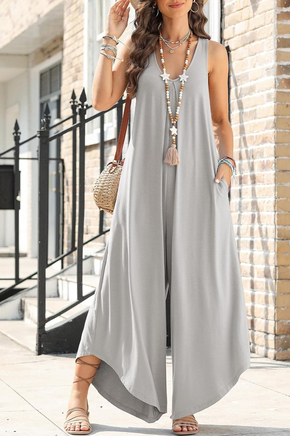 Pocketed Scoop Neck Wide Leg Jumpsuit.