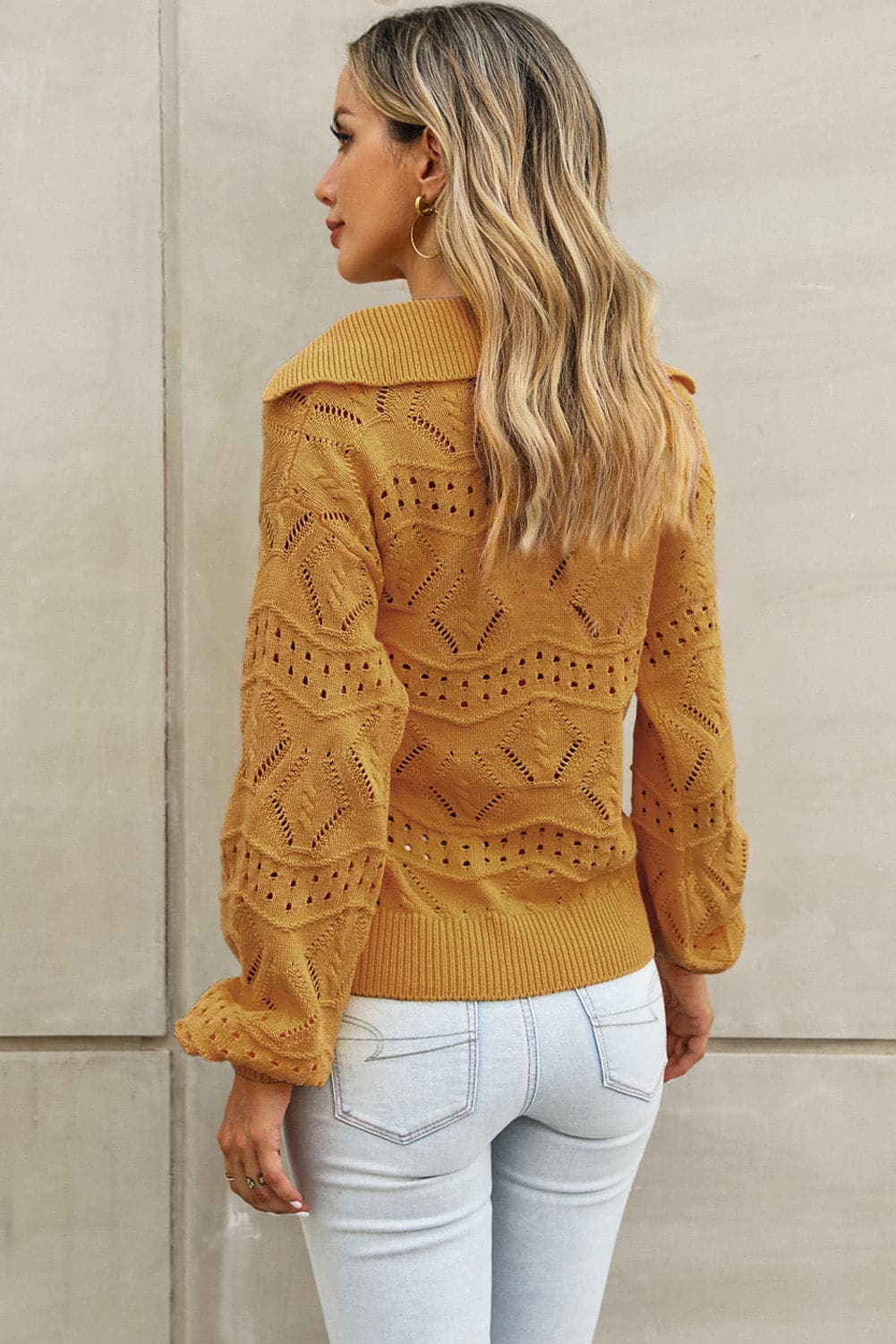 Openwork Lantern Sleeve Sweater.