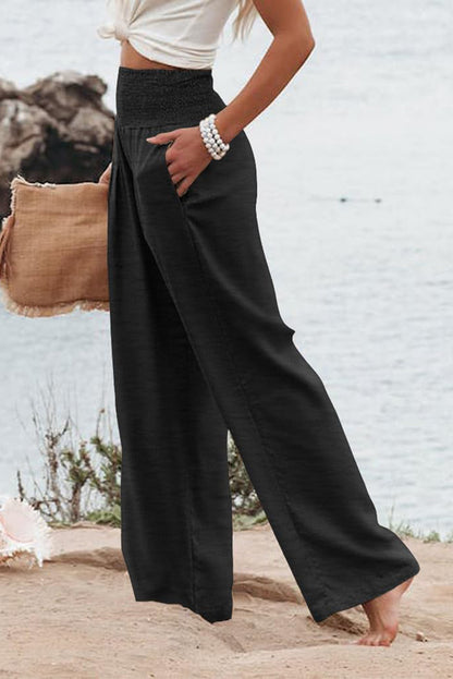 Chic black plus size wide leg pants with shirred high waist