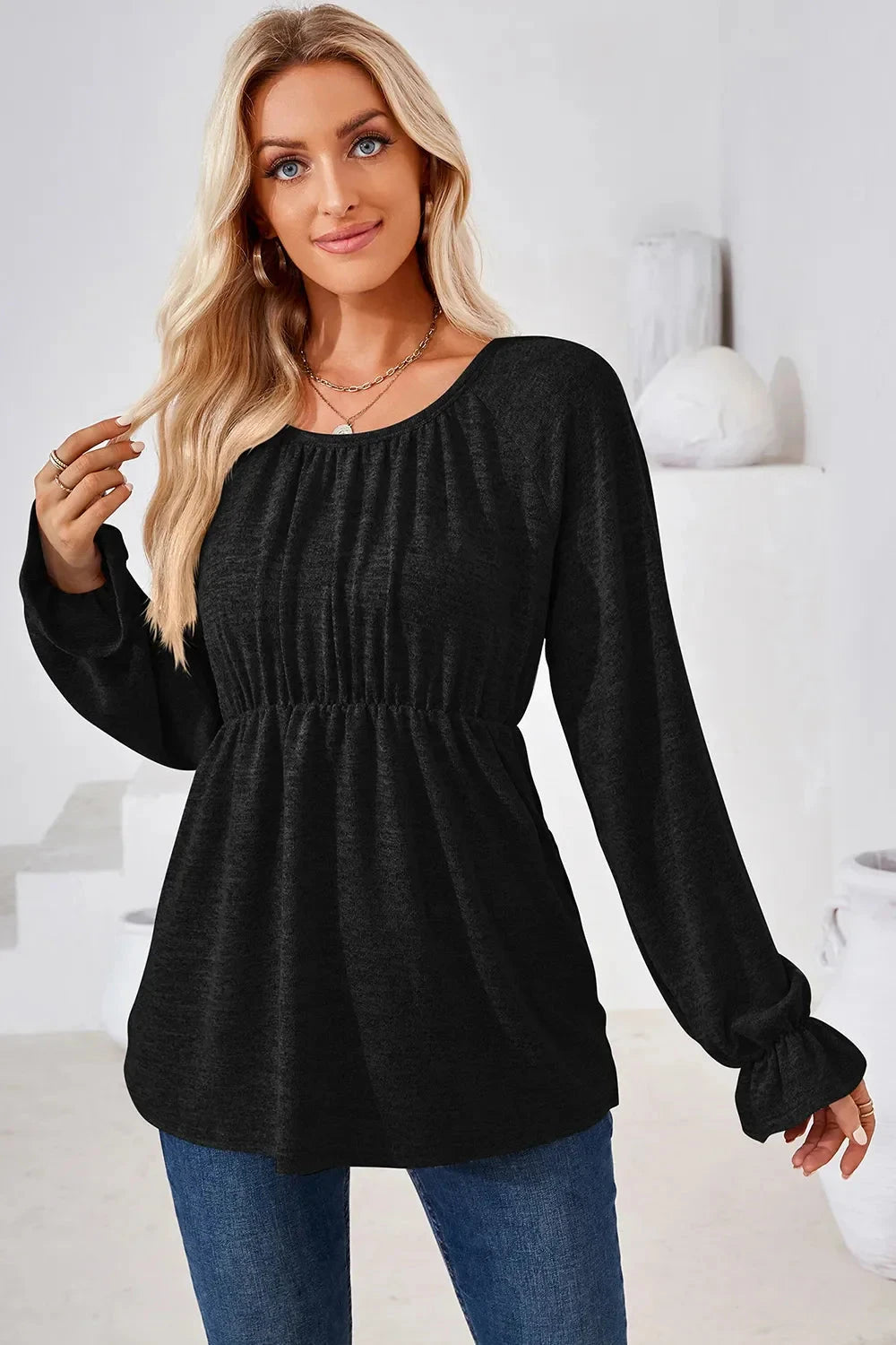 Ruched Round Neck Flounce Sleeve Blouse Coco’s Tee Boutique