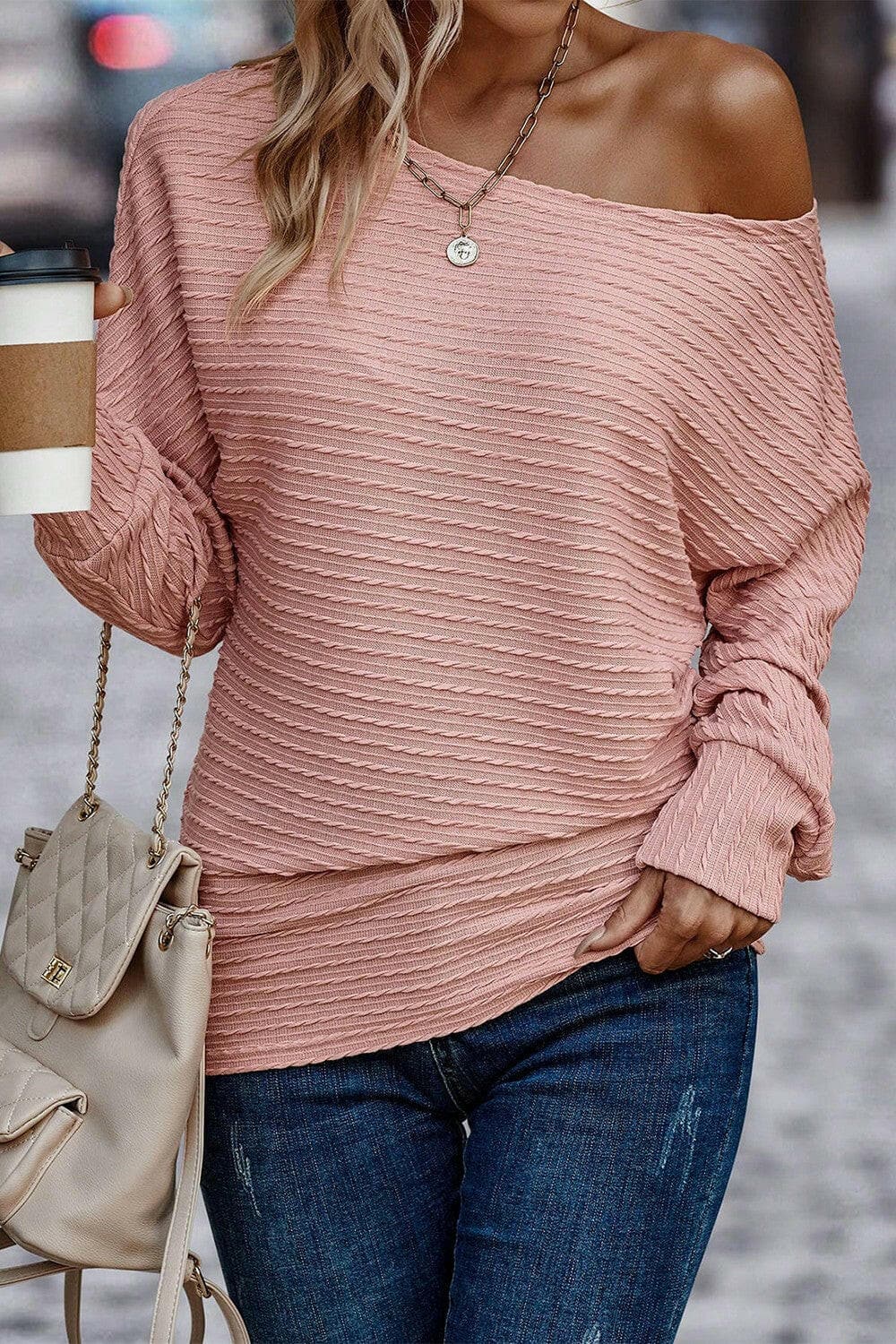 Texture Round Neck Long Sleeve Top.