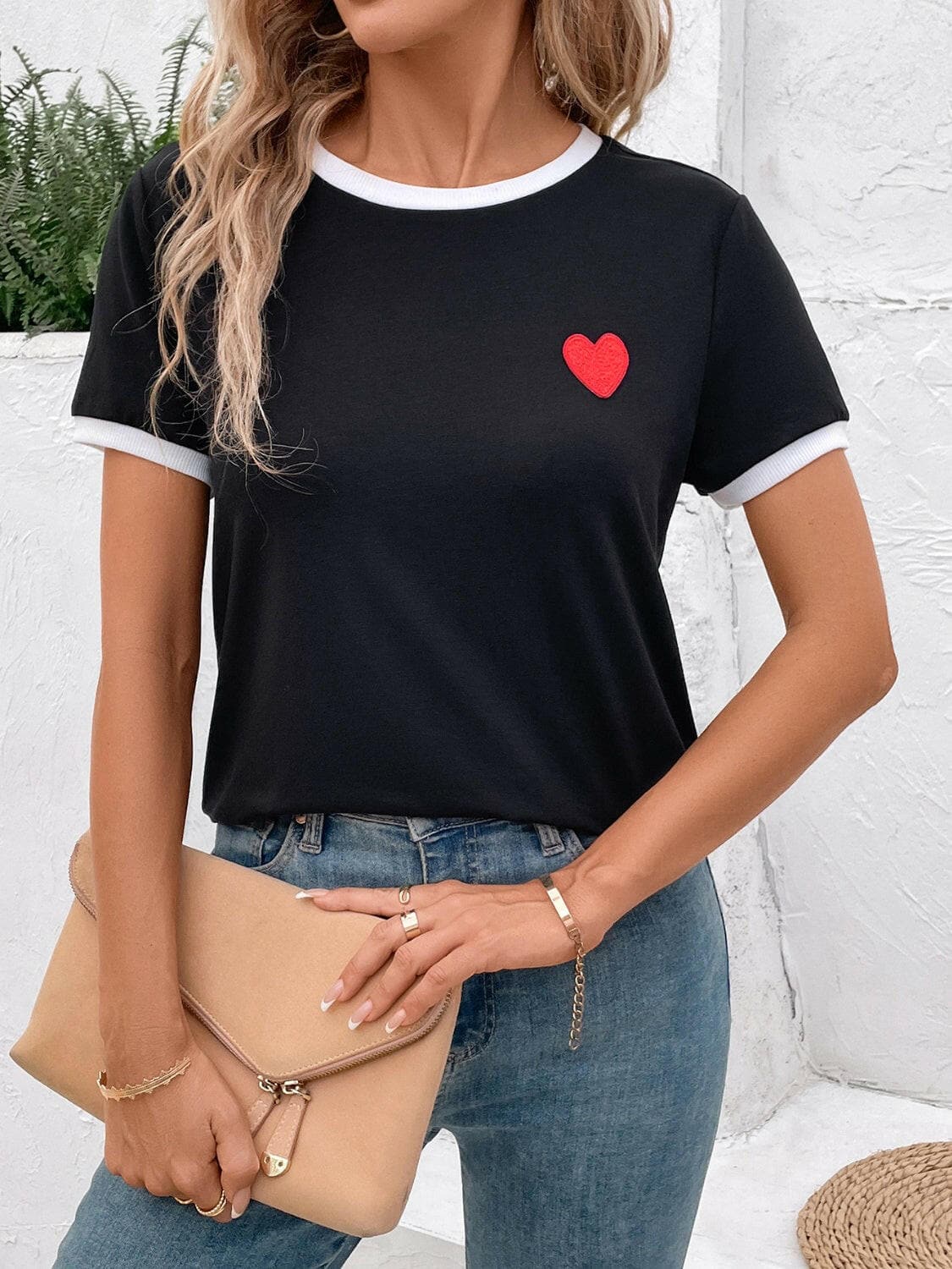 Heart Round Neck Short Sleeve T-Shirt.