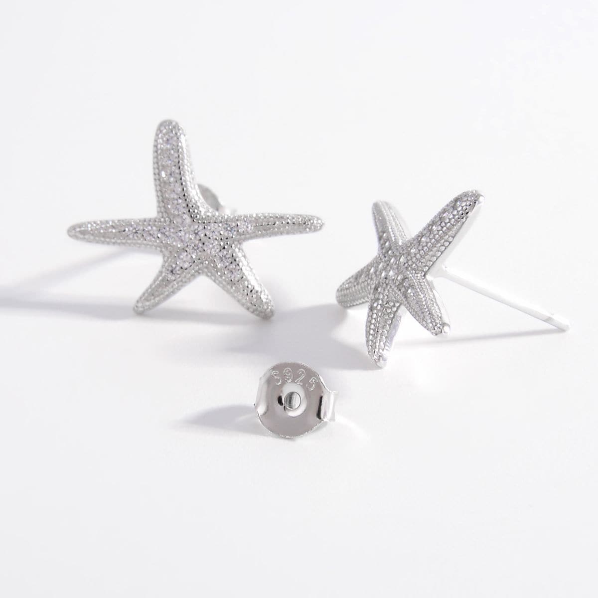 925 Sterling Silver Inlaid Zircon Starfish Earrings.