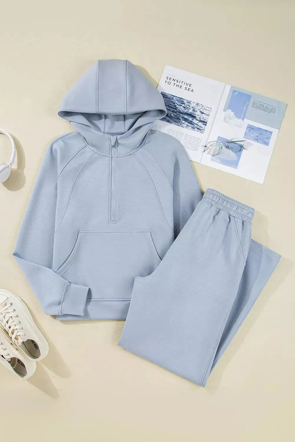 Half Zip Thumbhole Sleeve Hoodie and Pants 2pcs Outfit Simply Love