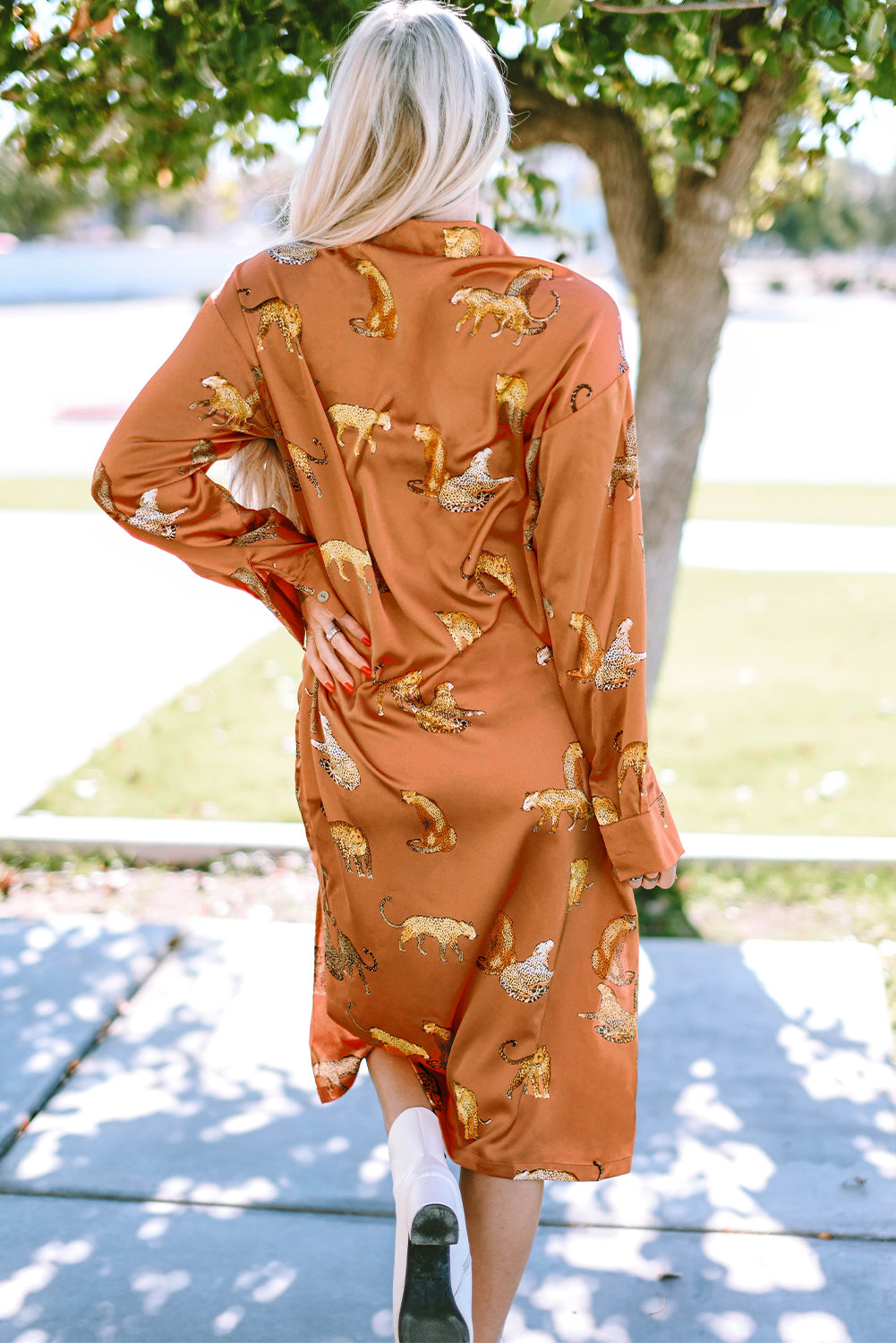 Mustard Cheetah Print Button-Up Split Shirt Dress