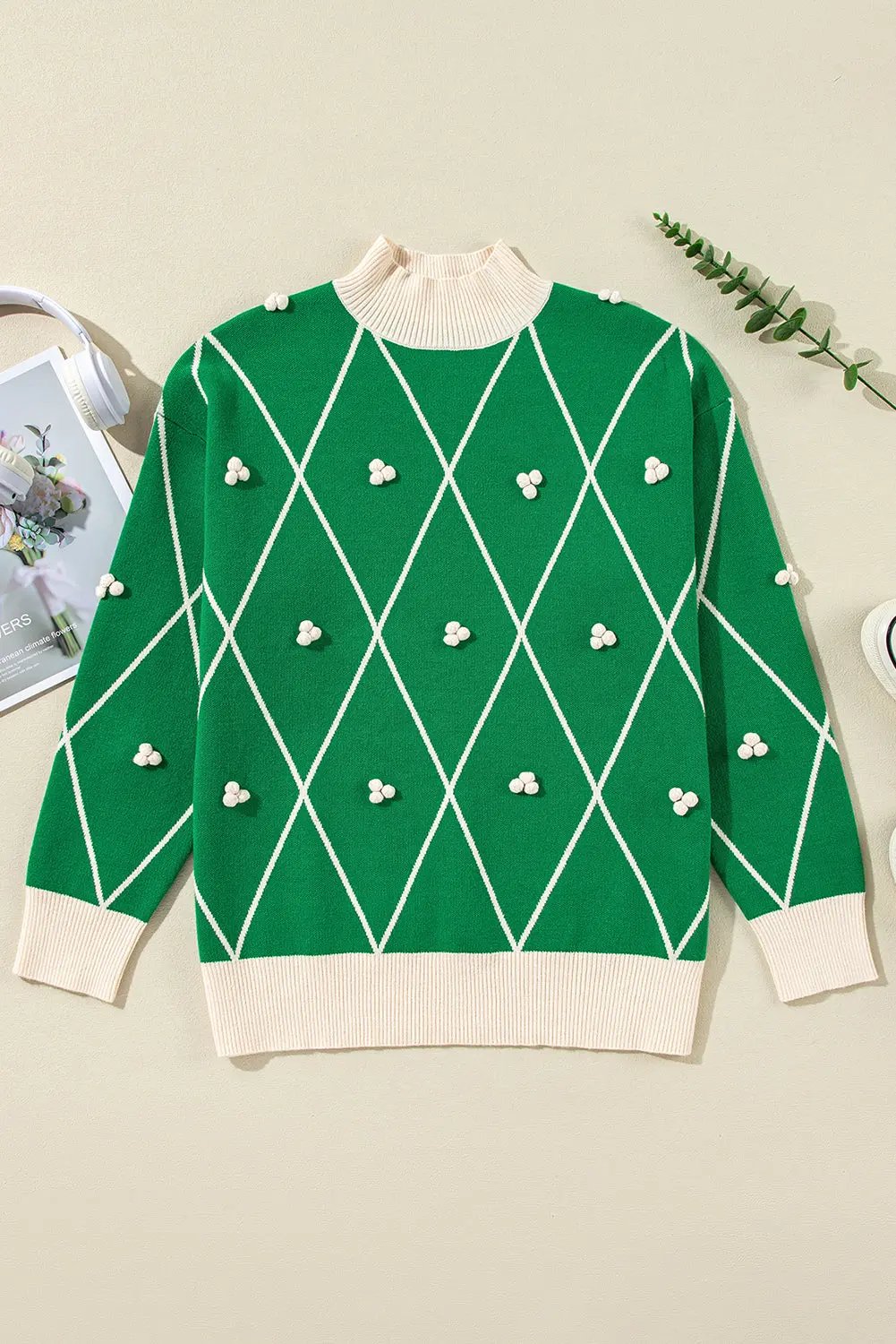 Diamond Pattern High Neck Christmas Sweater with Pom Pom Accents - Love Salve 
