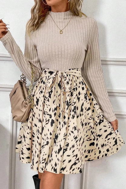 Tied Printed Mock Neck Long Sleeve Dress.