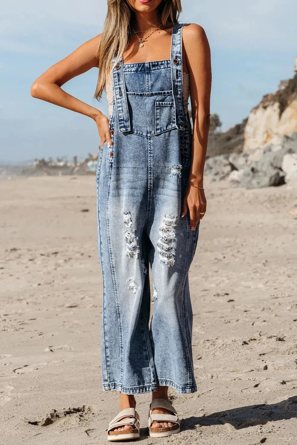 Distressed Bib Pocket Wide Leg Denim Overalls Simply Love