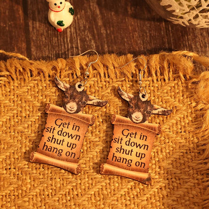 Whimsical wooden donkey letter earrings