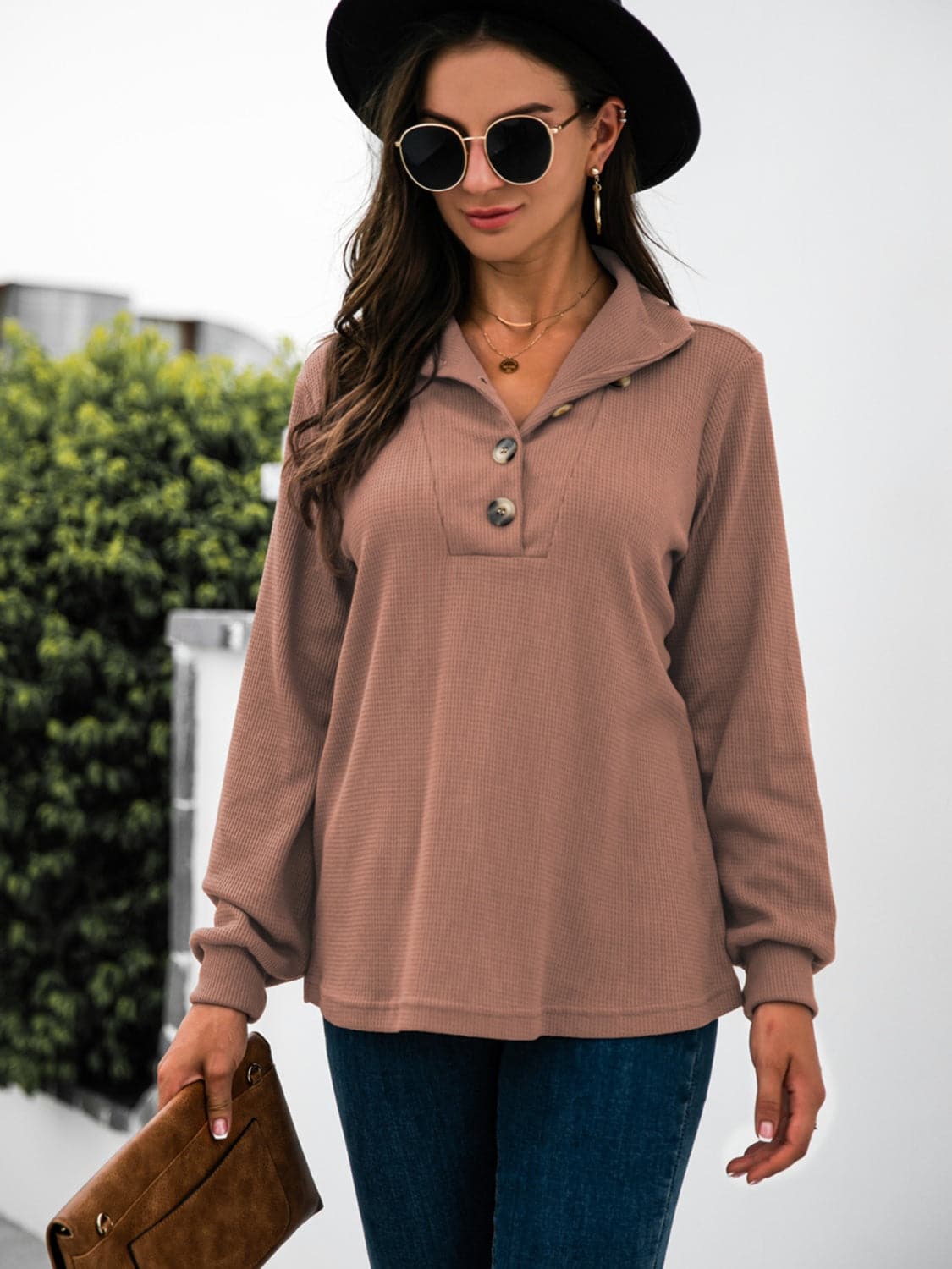 Chic half button long sleeve top