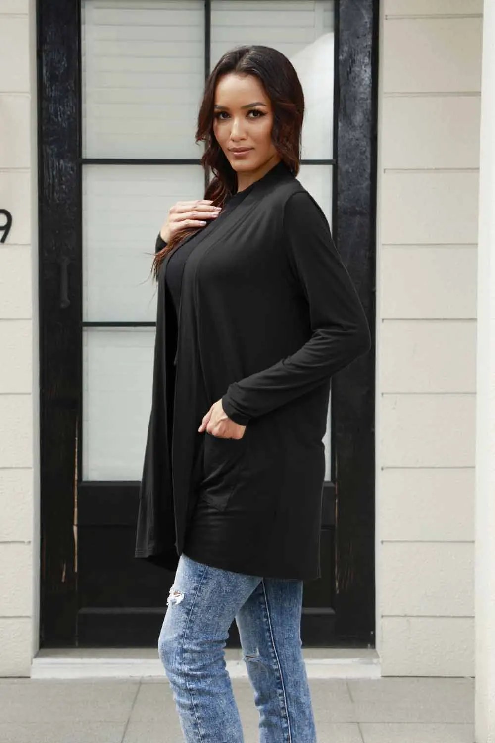 Basic Bae Full Size Open Front Long Sleeve Cardigan with Pockets - Love Salve