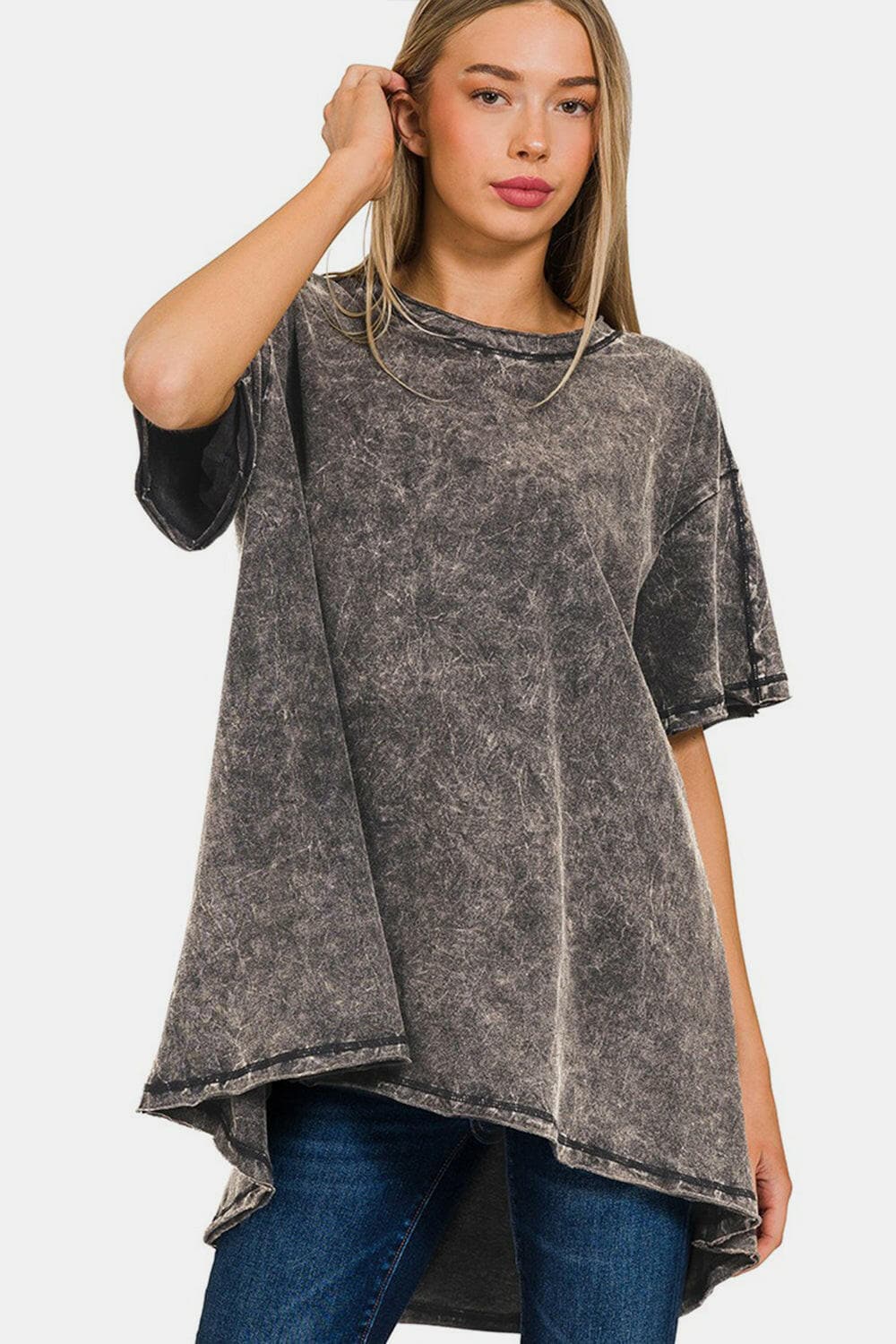 Zenana Round Neck Dropped Shoulder Blouse in gray worn by model with jeans.