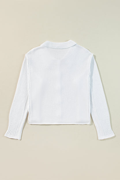 Elegant White Collared Casual Button-Up Sweater with Loose Fit