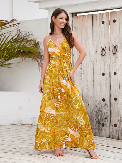 Printed Surplice Spaghetti Strap Dress.