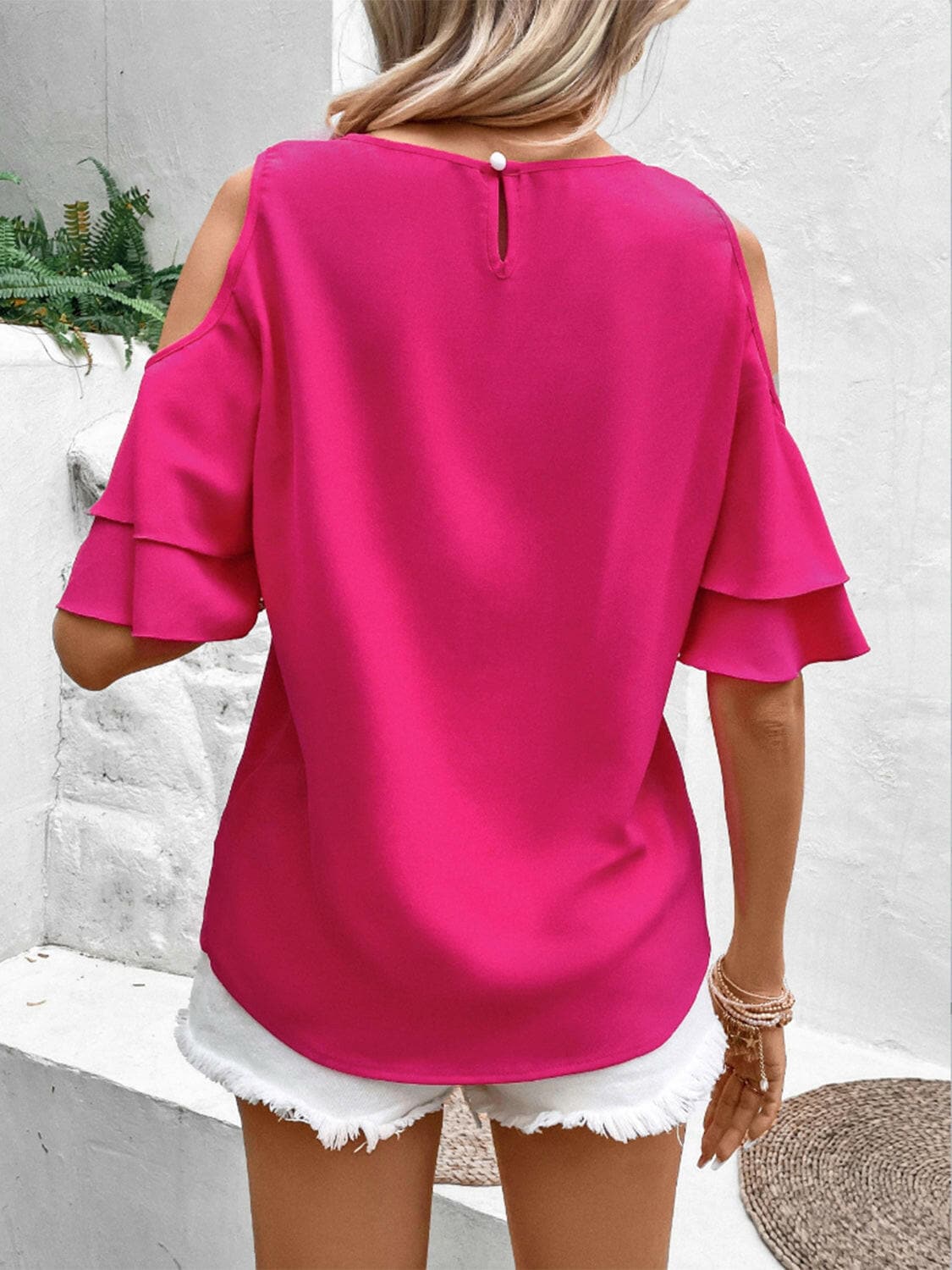 Cold Shoulder Flounce Sleeve Blouse.