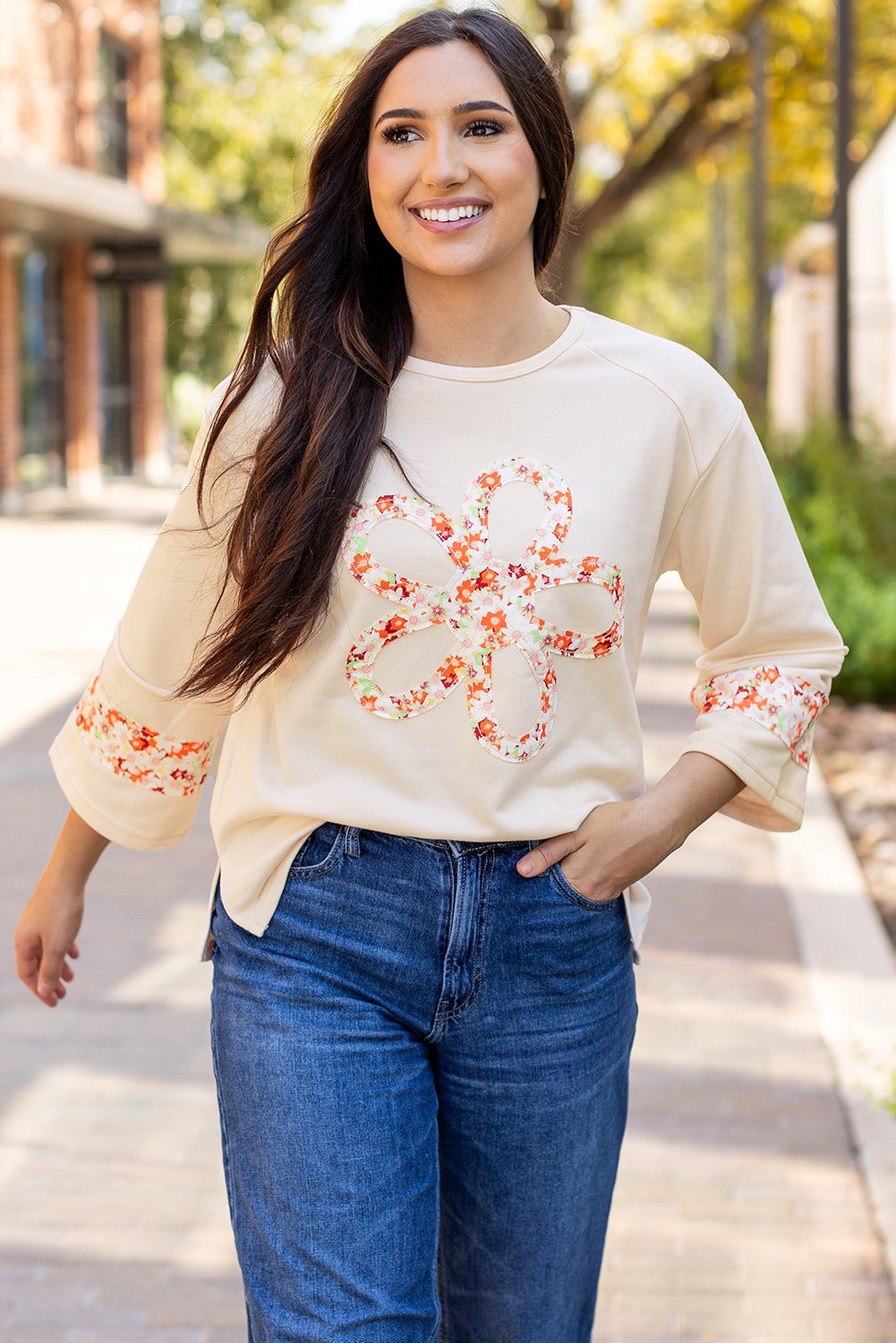 Beige floral wide sleeve top