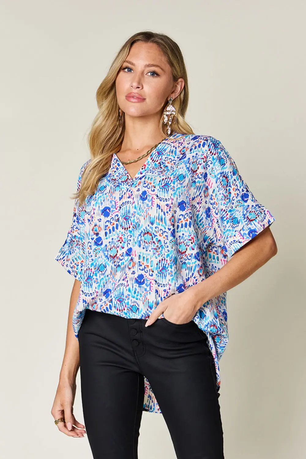 Double Take Full Size Printed V-Neck Short Sleeve Blouse - Love Salve