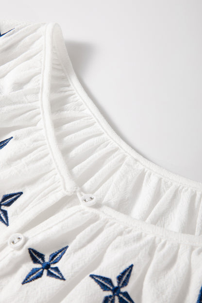 White Geometric Embroidered Long Sleeve Blouse for Women