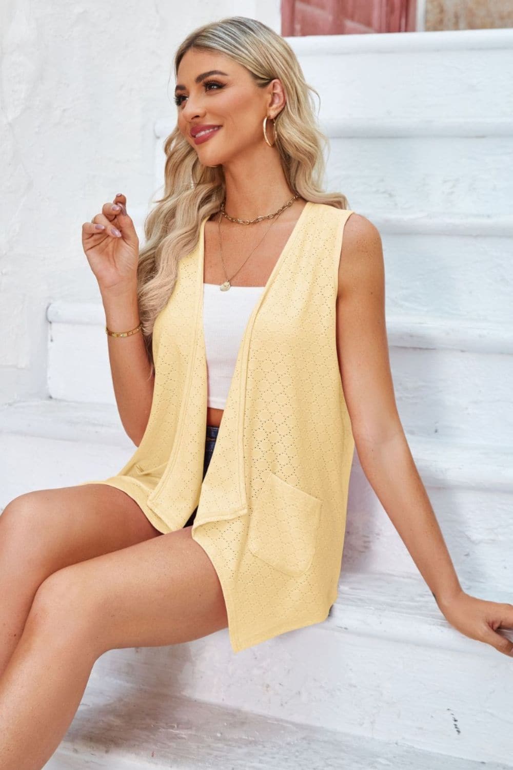 Eyelet Open Front Sleeveless Cardigan.