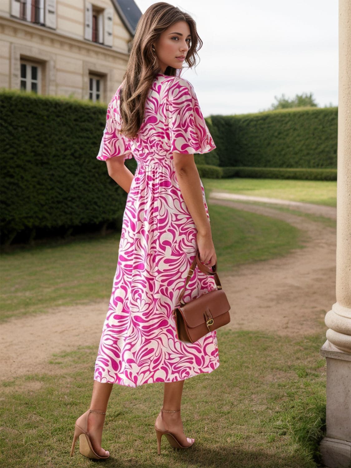 Printed Surplice Half Sleeve Midi Dress.